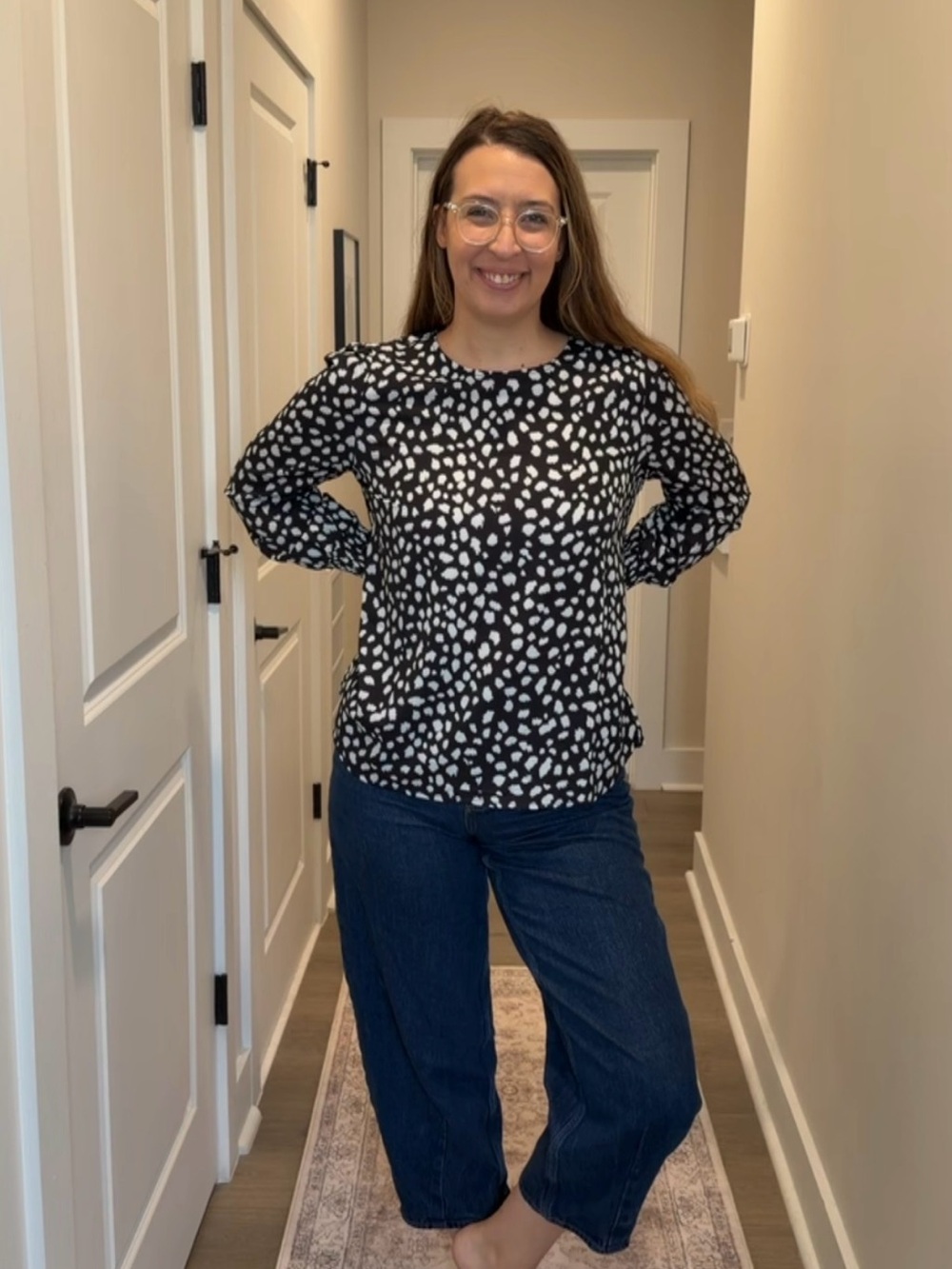 Amazon Black and White Spot Print Long-Sleeve Blouse